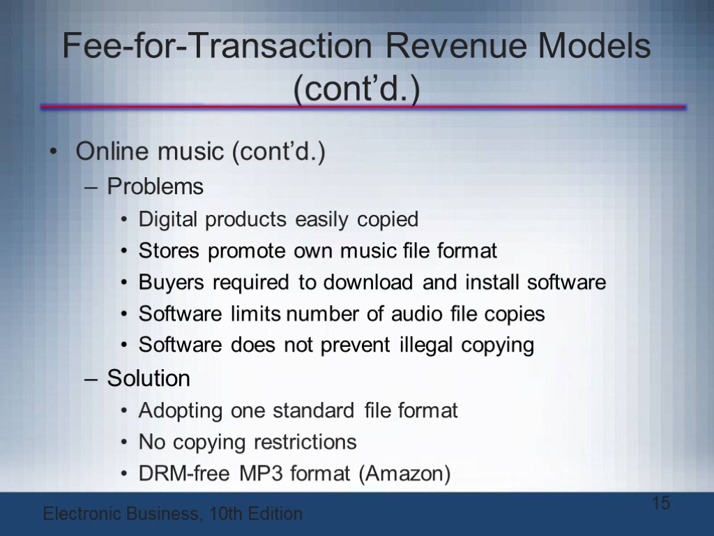 Fee-for-Transaction Revenue Models (cont’d.) Online music (cont’d.) Problems Digital products easily copied Stores promote